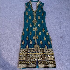Elegant Teal and Gold Embroidered Dress